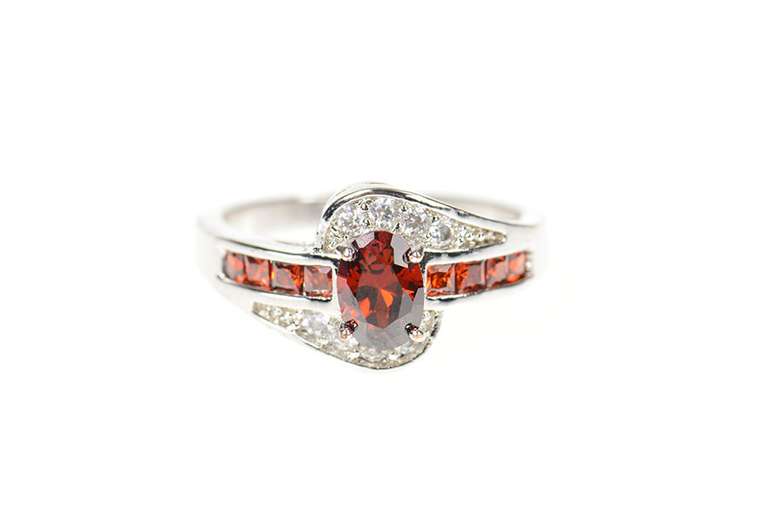 10K White Gold Oval Garnet Bypass CZ Accent Statement Ring