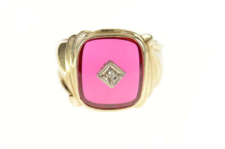 10K Yellow Gold Men's Retro Syn. Ruby Diamond Statement Ring