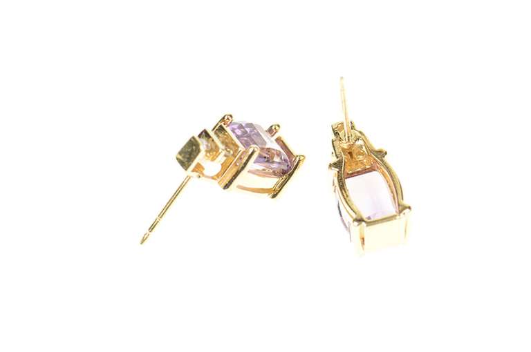 10K Yellow Gold Faceted Amethyst Diamond Accent Squared Earrings