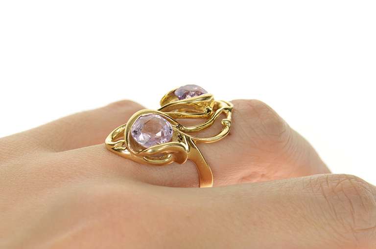 14K Yellow Gold Pink Topaz Ornate Wavy Statement Cocktail Ring