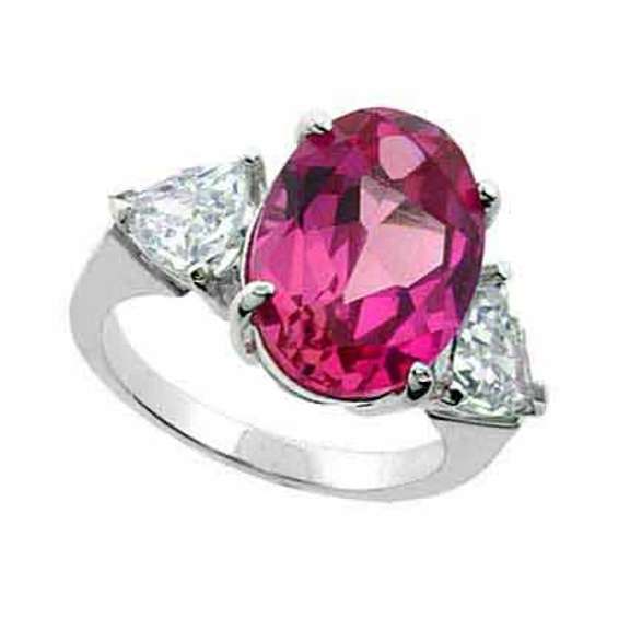 Sterling Silver Created Pink Sapphire Oval & CZ Triangles Ring