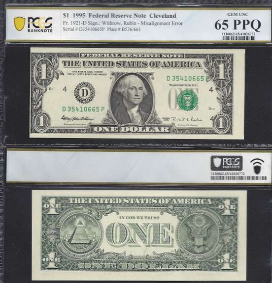 $1 1995 2 NOTES FAULTY ALIGNMENT PCGS BN Gem Unc 65 PPQ