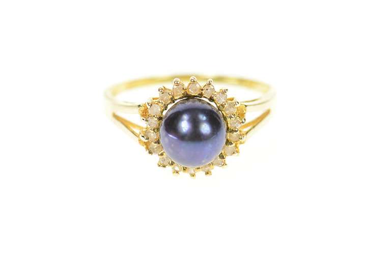 14K Yellow Gold Blue Pearl Diamond Halo Statement Ring