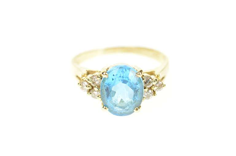 14K Yellow Gold Oval Blue Topaz Diamond Cluster Cocktail Ring