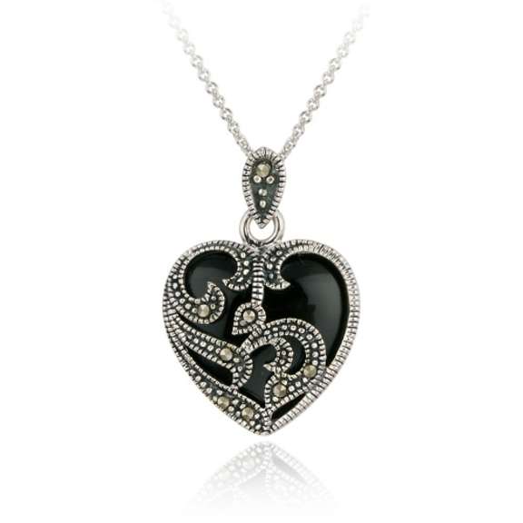 Sterling Silver Marcasite & Onyx Heart Pendant