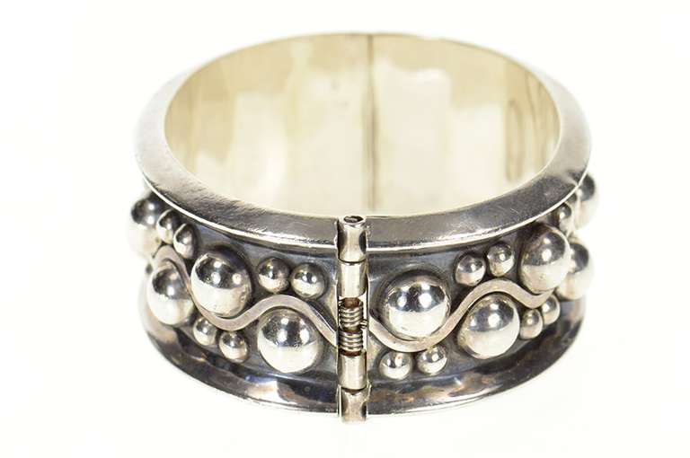 Sterling Silver Wavy Dot Pattern Ornate Statement Bangle Bracelet