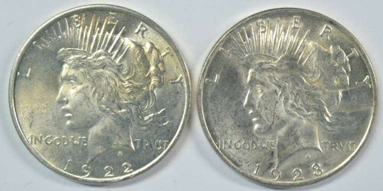 Flashy BU 1922-D and scarce 1923-D Peace Silver Dollars