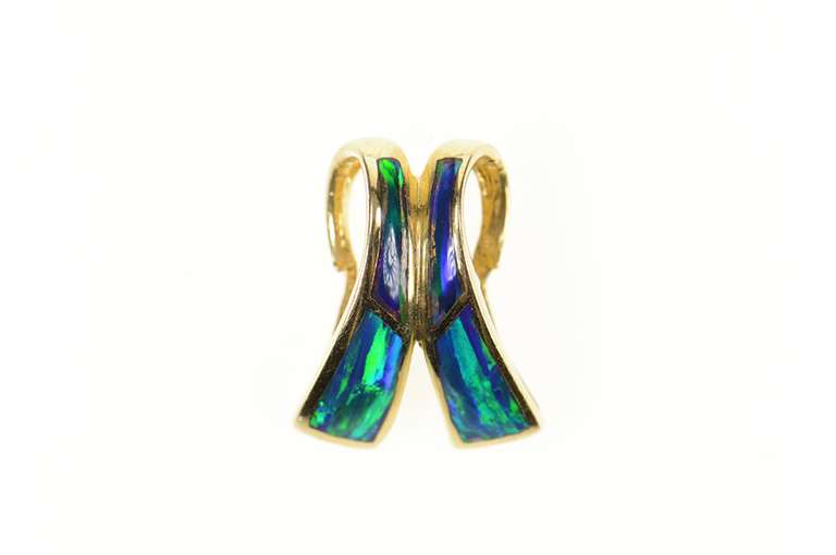 14K Yellow Gold Ornate Black Opal Inlay Curved Design Pendant