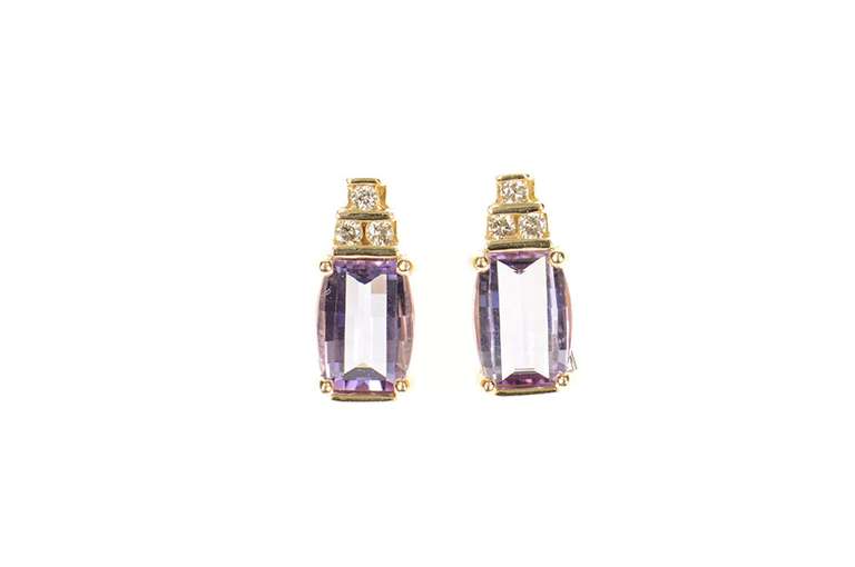 10K Yellow Gold Faceted Amethyst Diamond Accent Squared Earrings