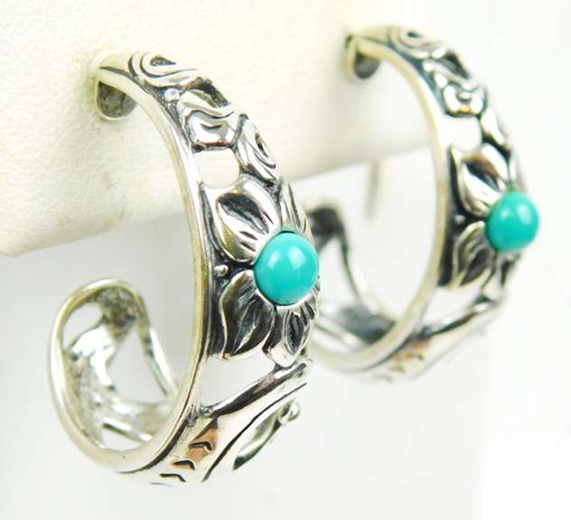 Sterling Turquoise Half Hoop Pierced Earrings