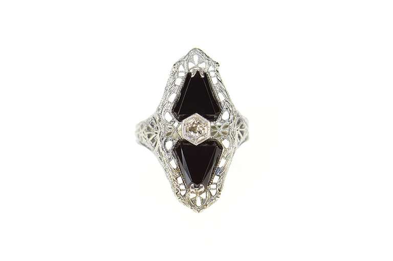 14K White Gold Art Deco Elaborate Filigree Diamond Black Onyx Ring