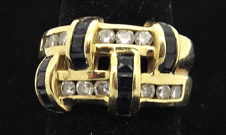 14K GOLD , DIAMOND AND SAPPHIRE RING
