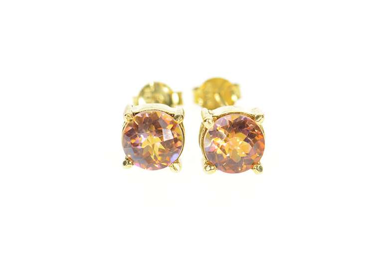 14K Yellow Gold Peach Mystic Topaz Round Faceted Stud Earrings