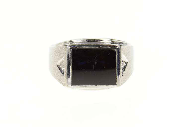 10K White Gold Squared Black Onyx Diamond Accent Men's Ring