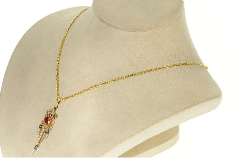 10K Yellow Gold Victorian Seed Pearl Syn. Ruby Ornate Drop Pendant