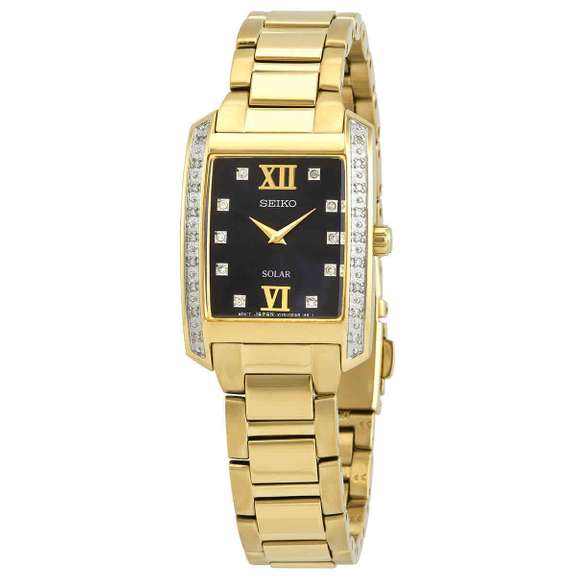 Seiko Diamond Black Dial Yellow Gold-tone Ladies Watch