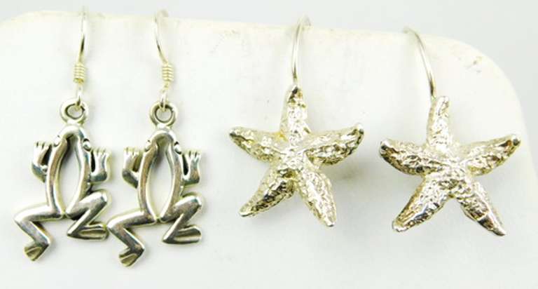 2 Pairs of Sterling Earrings - Frogs & Starfish