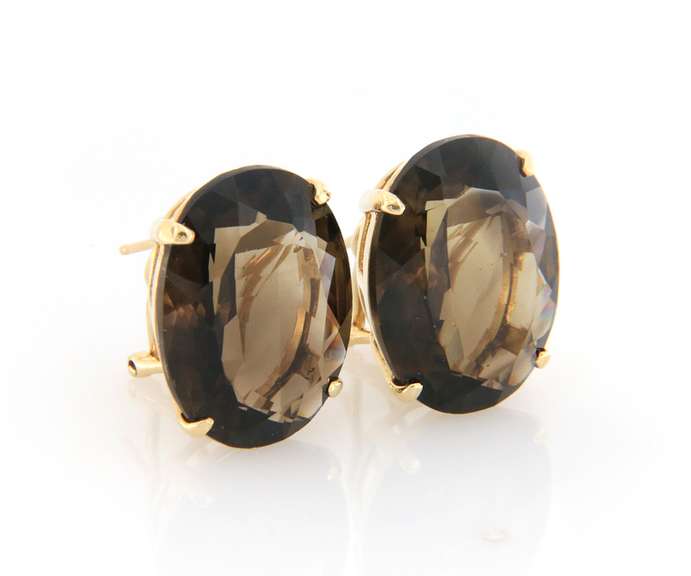Gorgeous Yellow Gold Oval Smokey Quartz Earrings