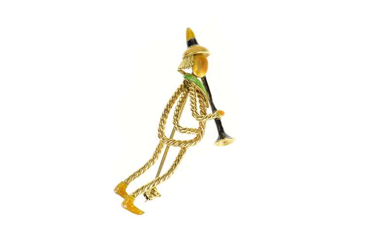18K Yellow Gold Retro Enamel Clarinet Musician Statement Pin/Brooch