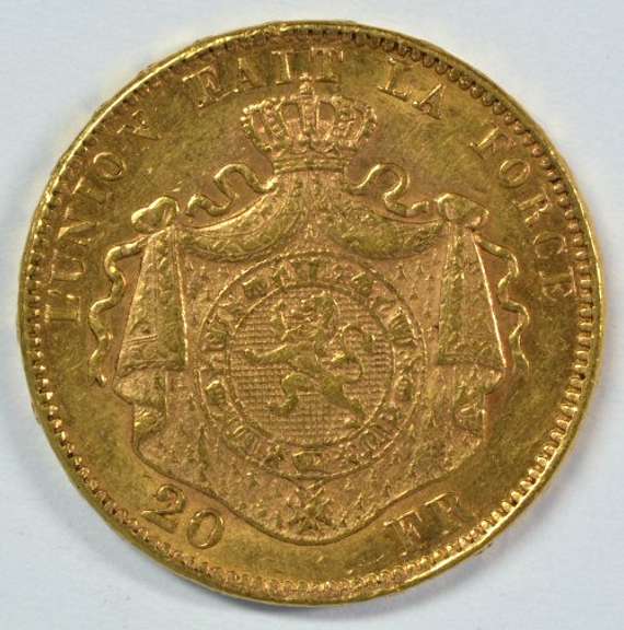 Choice BU 1875 Belgium 20 Francs Gold Piece. Scarcer