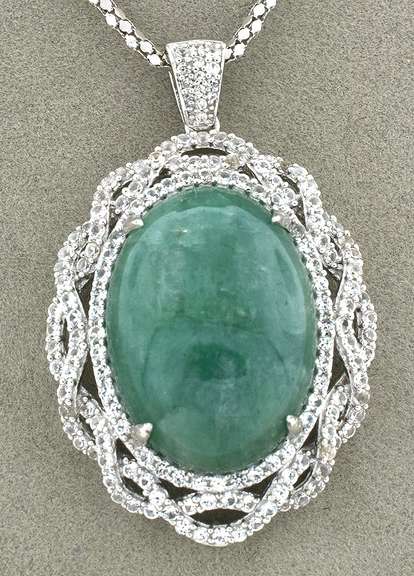 Enamoring Huge 30.03CTS Natural Emerald & 3.28CTW White Sapphire Necklace in Vermeil