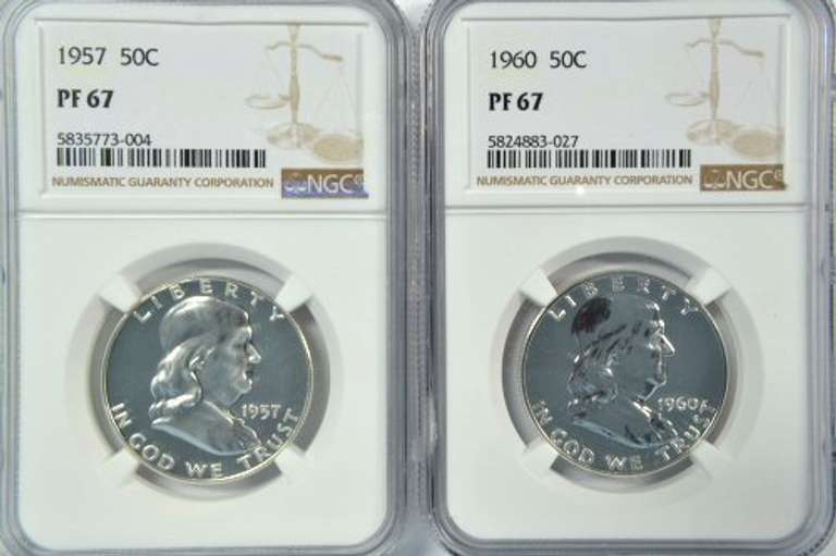 1957 & 1960 Gem PRF Franklin Half Dollars. NGC PF67