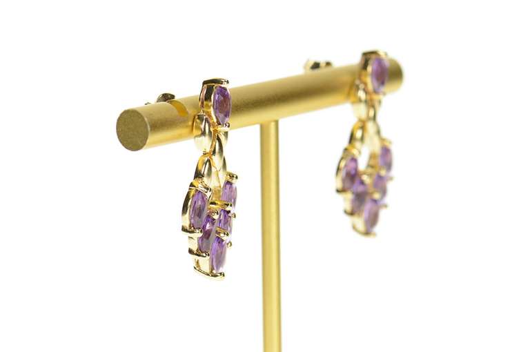 14K Yellow Gold Marquise Amethyst Chevron Dangle Statement Earrings