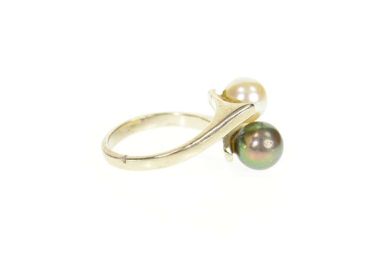 14K White Gold White & Tahitian Pearl Retro Ornate Bypass Ring