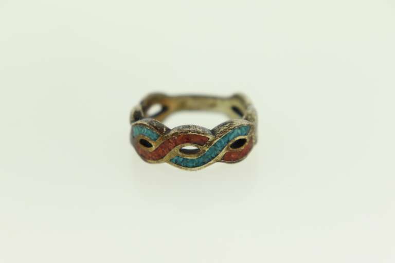 Vintage Sterling Silver Wave Design Inlay Enamel Ring