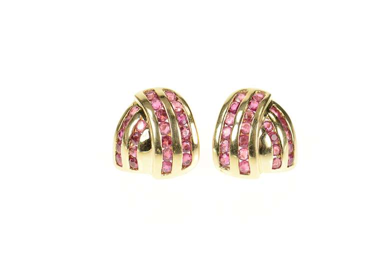 14K Yellow Gold Ruby Channel Criss Cross Statement Stud Earrings