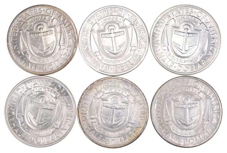 (6) 1936 Rhode Island Commemorative Half Dollars - Various Mints - Unc