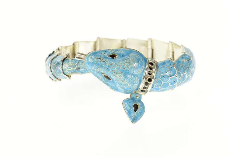 Sterling Silver Melesio Villarreal Taxco Enamel Ornate Snake Bracelet