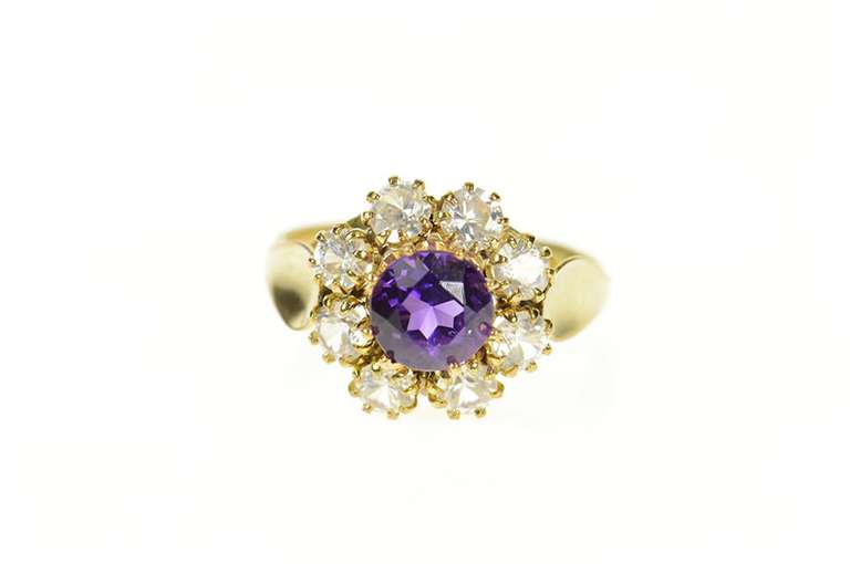 8K Yellow Gold Victorian Syn. Amethyst Rhinestone Halo Ring