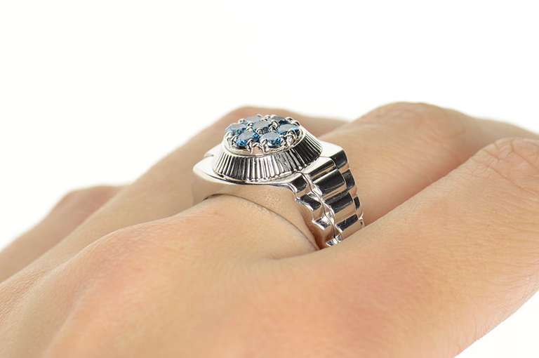 14K White Gold 0.70 Ctw Men's Blue Diamond Watch Band Ring