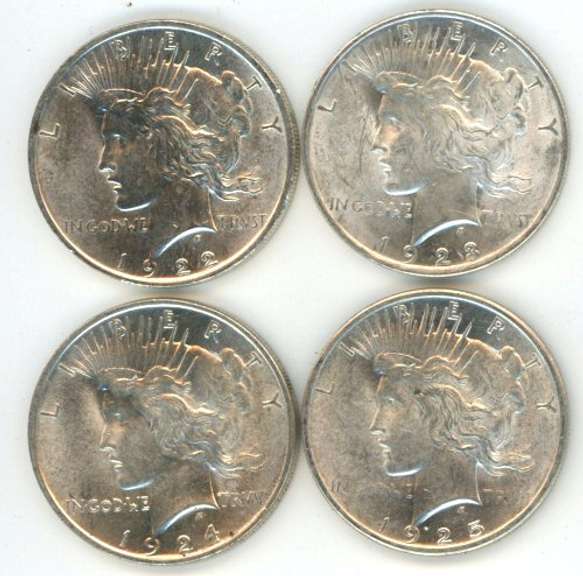 4 Diff. Choice BU Peace Silver Dollars 1922-1925