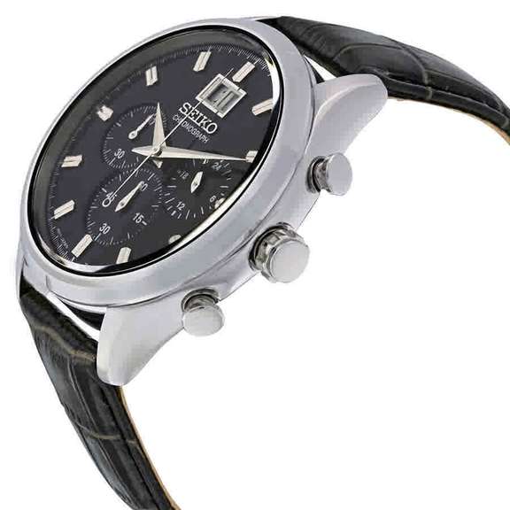 Seiko Chronograph Black Dial Black Leather Men's Watch