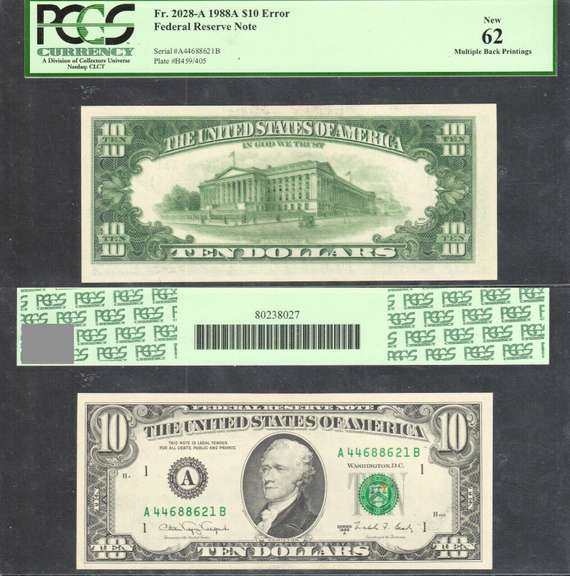 $10 1988-A FRN=Error Note=Multiple Back Printing Error=PCGS New 62