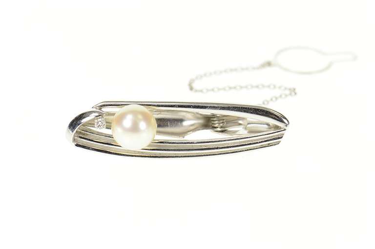 14K White Gold Retro Mikimoto Pearl Oval Geometric Diamond Tie Bar