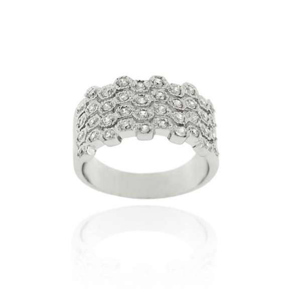 Sterling Silver CZ Four-Row Wave Band Ring