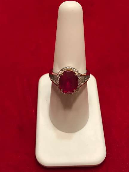 14K Ruby Split Shank Ring with Diamond Halo