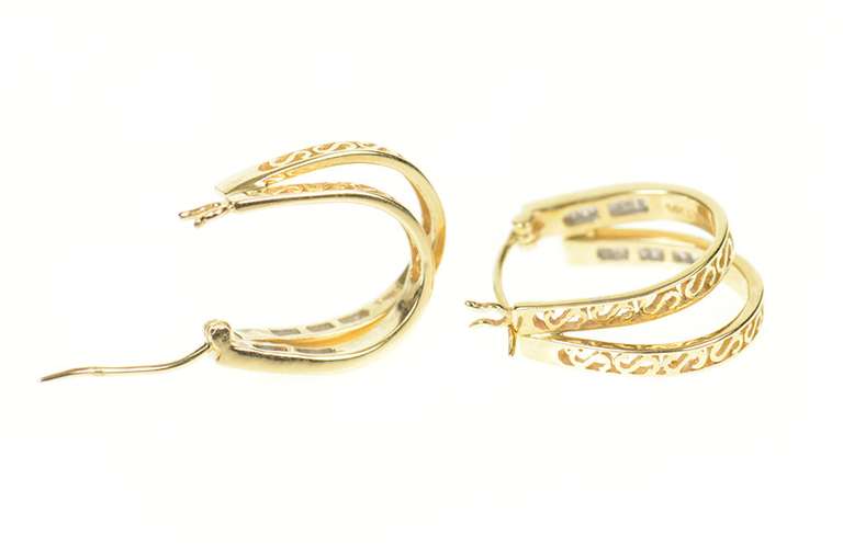 14K Yellow Gold Baguette Diamond Layered Look Oval Hoop Earrings