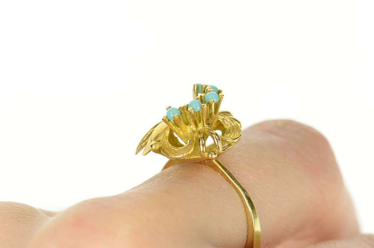 14K Yellow Gold Retro 1940's Turquoise Ornate Leaf Cocktail Ring