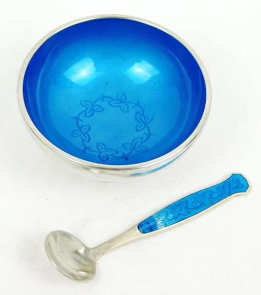 Vintage Denmark MEKA Sterling Enamel Salt Bowl & Spoon