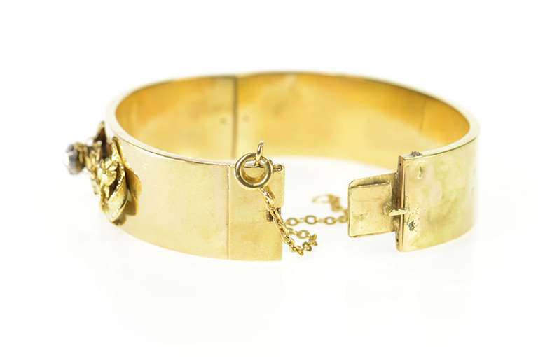 14K Yellow Gold Victorian Rose Cut Diamond Floral Bangle Bracelet