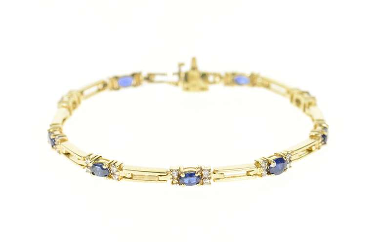 14K Yellow Gold Natural Sapphire Diamond Accent Bar Link Bracelet