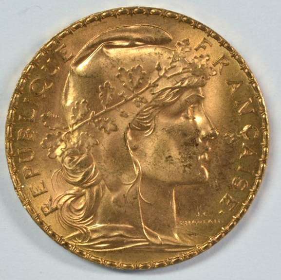 Gem BU 1907 France 20 Francs Gold 'Rooster' coins