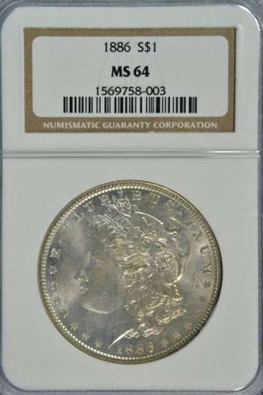 Nearly Gem BU 1886 Morgan Silver Dollar. NGC MS64