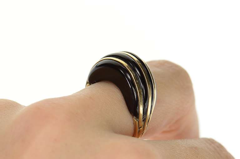 10K Yellow Gold Carved Black Onyx Domed Striped Statement Ring
