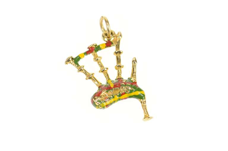 9K Yellow Gold Ornate Enamel Scottish Bagpipe Instrument Charm/Pendant