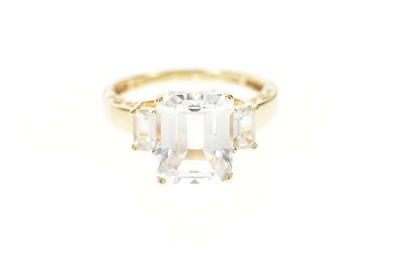 10K Yellow Gold Three Stone Emerald CZ Travel Engagement Ring